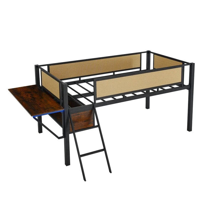Lit mezzanine en métal de taille double avec bureau rectangulaire, lumières LED et étagères de rangement