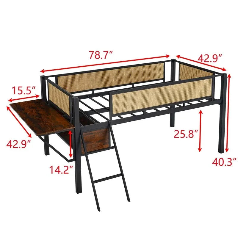 Lit mezzanine en métal de taille double avec bureau rectangulaire, lumières LED et étagères de rangement