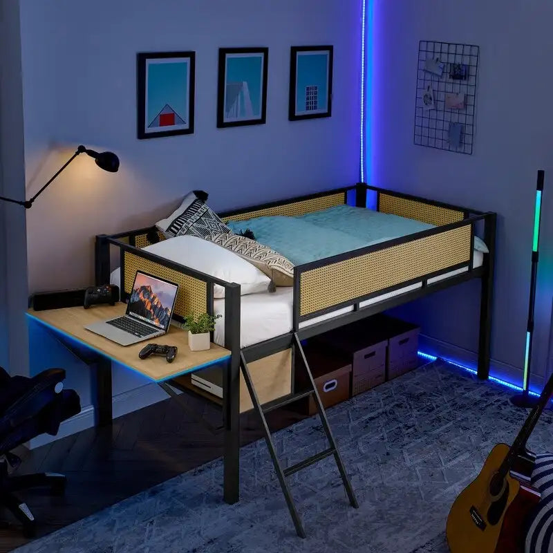 Lit mezzanine en métal de taille double avec bureau rectangulaire, lumières LED et étagères de rangement