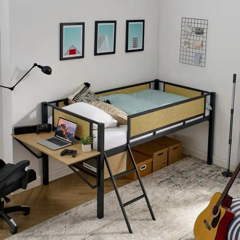 Lit mezzanine en métal de taille double avec bureau rectangulaire, lumières LED et étagères de rangement