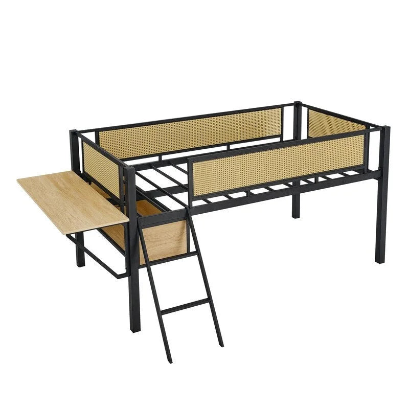 Lit mezzanine en métal de taille double avec bureau rectangulaire, lumières LED et étagères de rangement