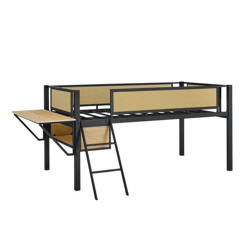 Lit mezzanine en métal de taille double avec bureau rectangulaire, lumières LED et étagères de rangement