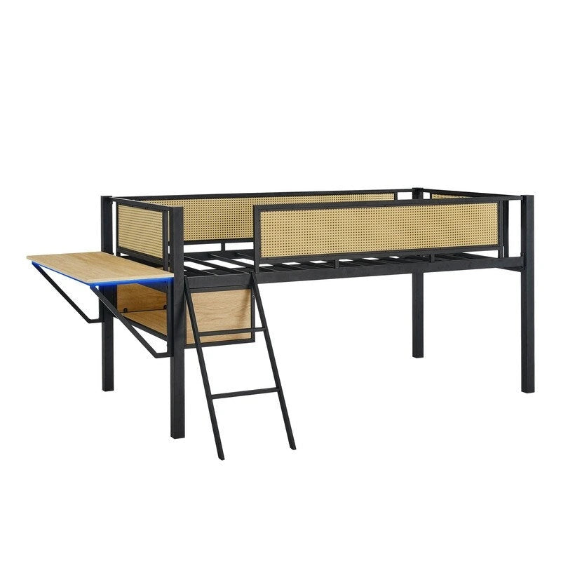 Lit mezzanine en métal de taille double avec bureau rectangulaire, lumières LED et étagères de rangement