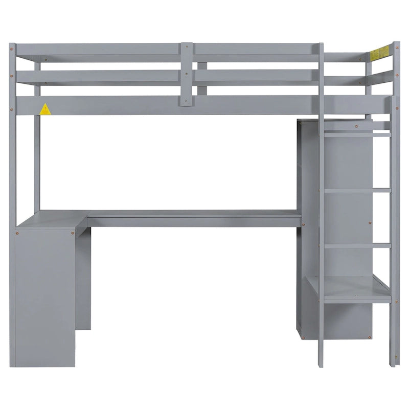 Lit mezzanine simple en bois avec bureau en L, armoire et étagères de rangement