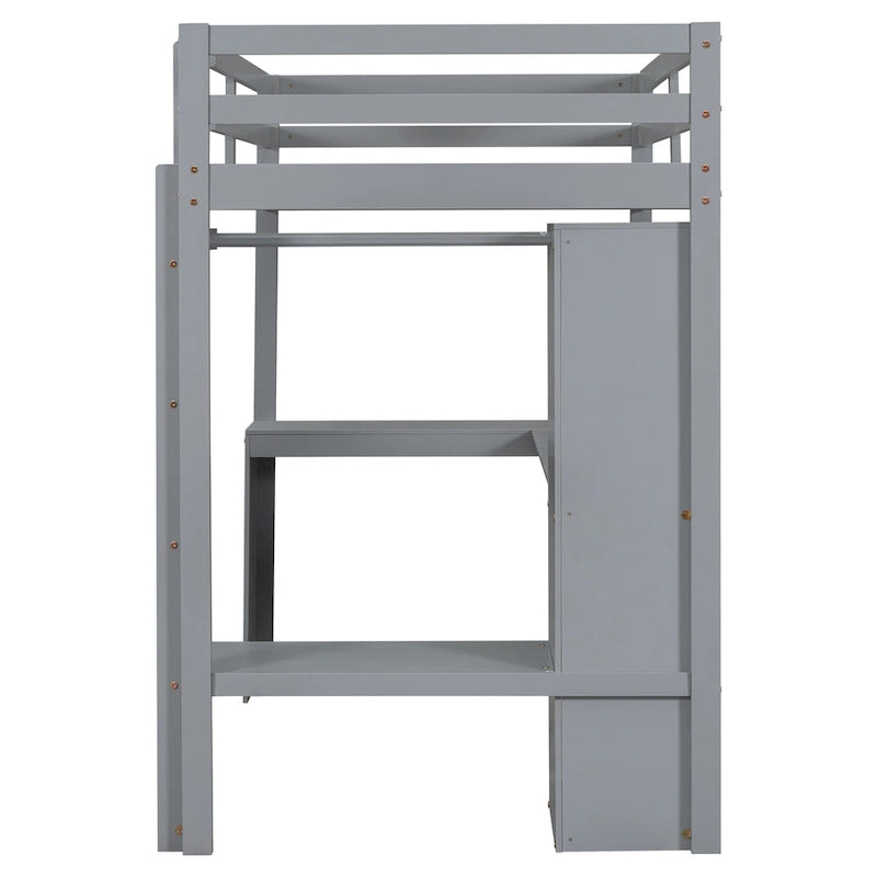 Lit mezzanine simple en bois avec bureau en L, armoire et étagères de rangement