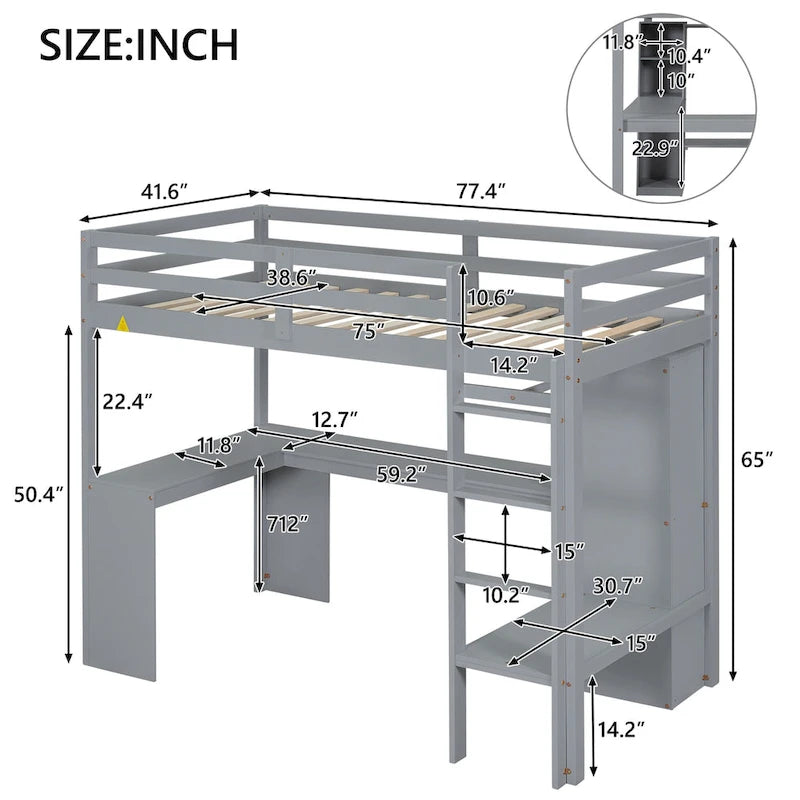 Lit mezzanine simple en bois avec bureau en L, armoire et étagères de rangement