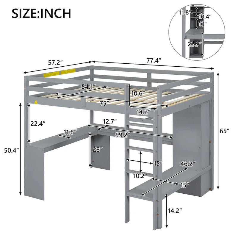 Lit mezzanine en bois pleine grandeur avec bureau en L, armoire et étagères de rangement