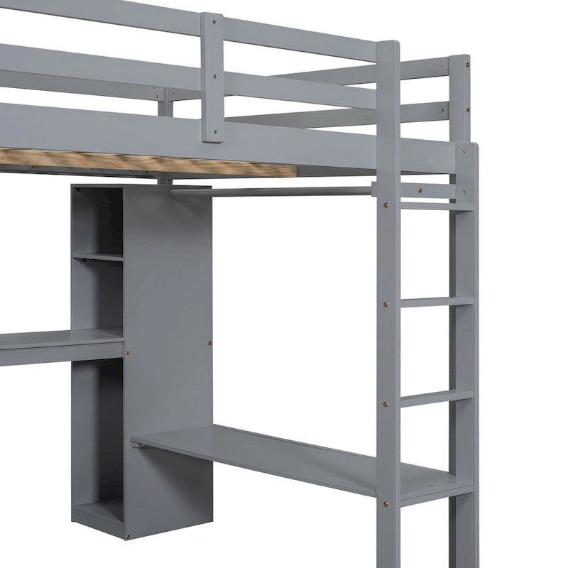 Lit mezzanine en bois pleine grandeur avec bureau en L, armoire et étagères de rangement