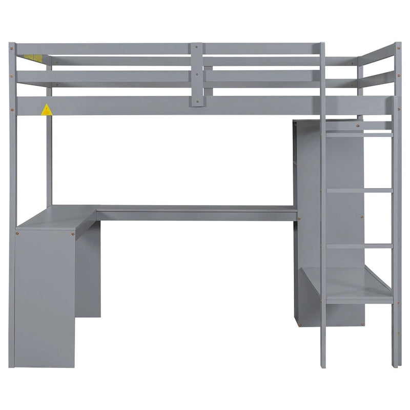 Lit mezzanine en bois pleine grandeur avec bureau en L, armoire et étagères de rangement