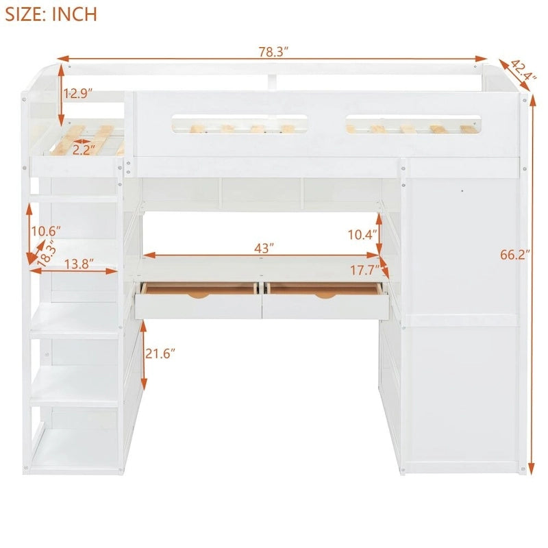 Lit mezzanine simple avec bureau, armoires, 4 tiroirs et 4 étagères