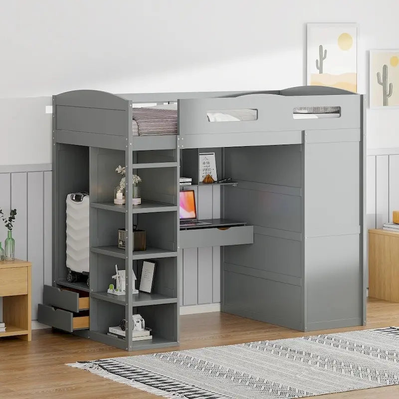 Lit mezzanine simple avec bureau, armoires, 4 tiroirs et 4 étagères