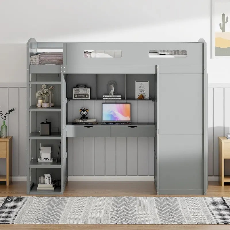 Lit mezzanine simple avec bureau, armoires, 4 tiroirs et 4 étagères