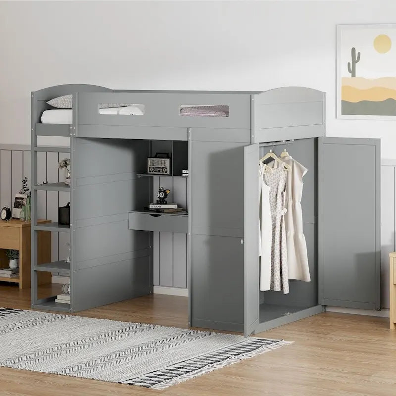 Lit mezzanine simple avec bureau, armoires, 4 tiroirs et 4 étagères