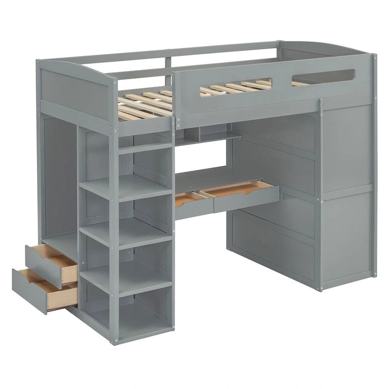 Lit mezzanine simple avec bureau, armoires, 4 tiroirs et 4 étagères