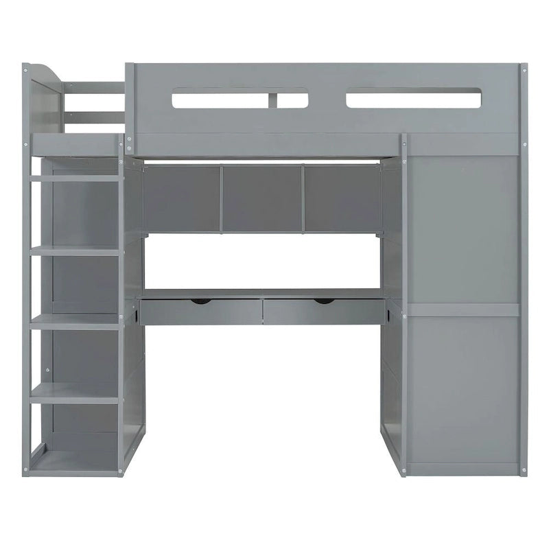 Lit mezzanine simple avec bureau, armoires, 4 tiroirs et 4 étagères