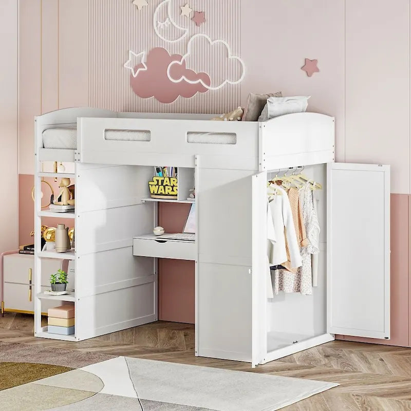 Lit mezzanine simple avec bureau, armoires, 4 tiroirs et 4 étagères