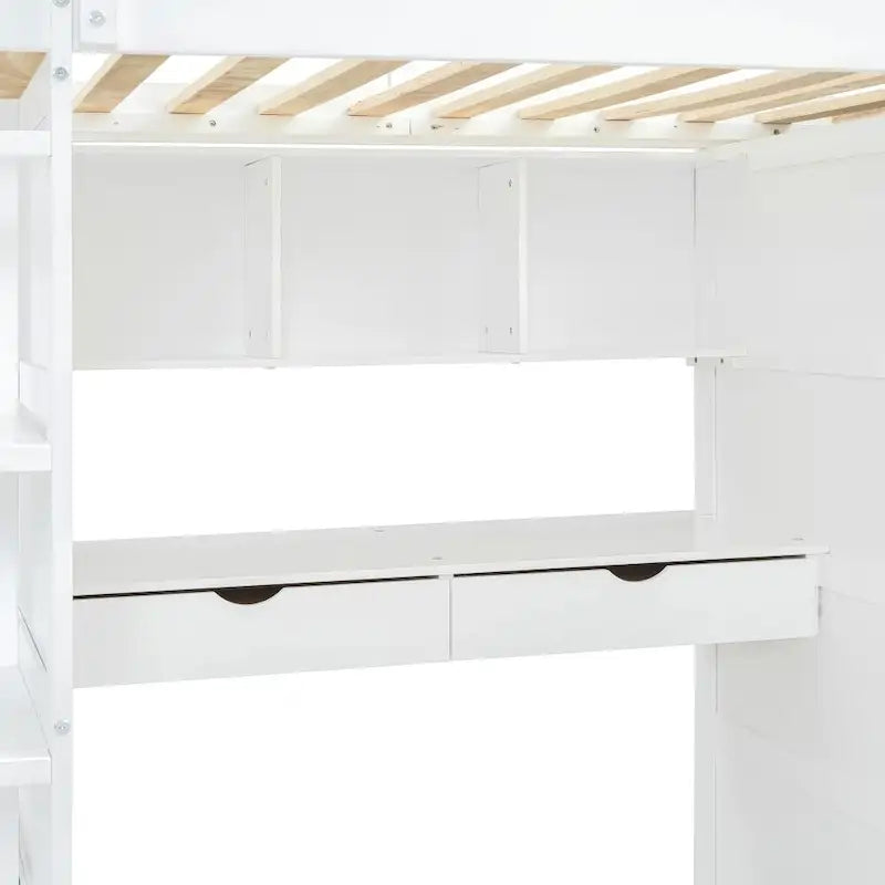 Lit mezzanine simple avec bureau, armoires, 4 tiroirs et 4 étagères