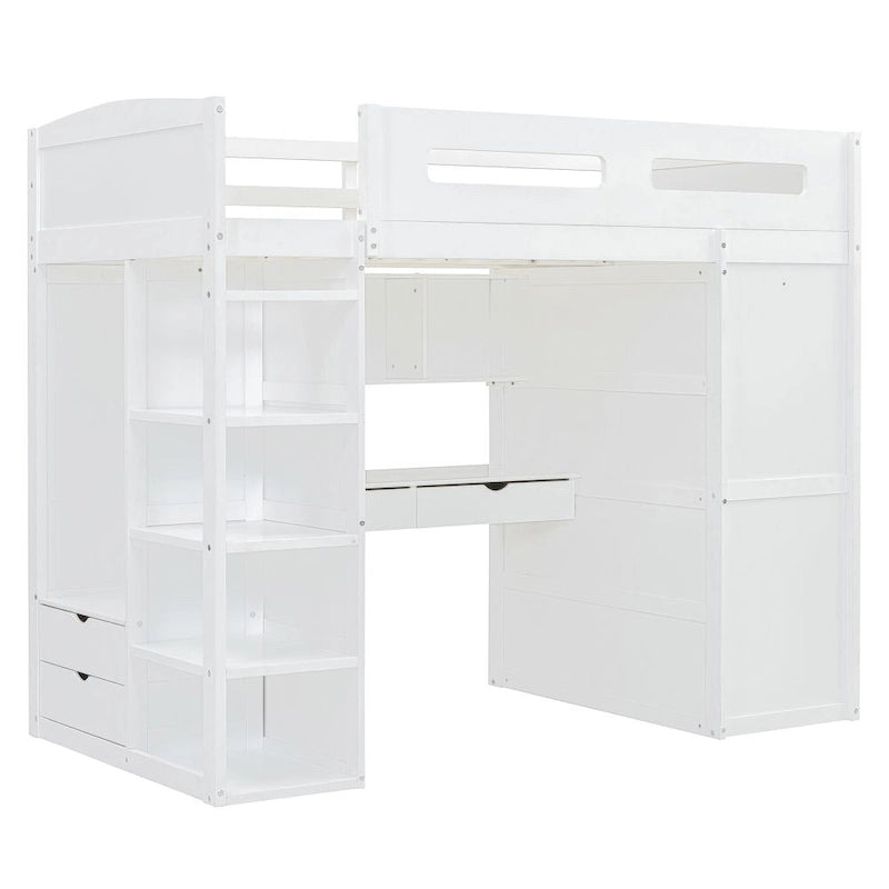 Lit mezzanine simple avec bureau, armoires, 4 tiroirs et 4 étagères